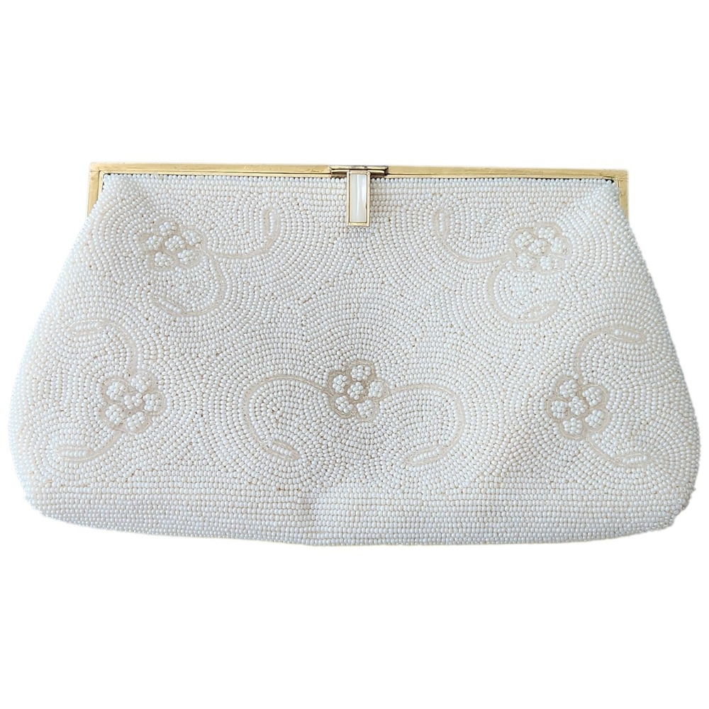 1950s Beaded Evening Clutch Purse Gold Trim Mother of Pearl Accent Elaine Shop